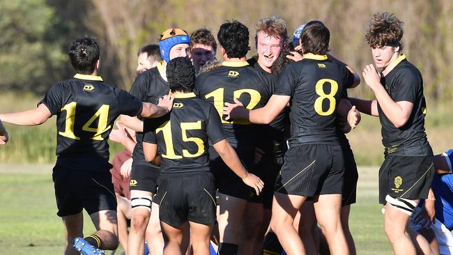 St Laurence players celebrate a try. AIC rugby game between St Edmunds college and St Laurence. Saturday June 11, 2022. Picture, John Gass