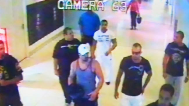 CCTV footage of bikie gang members at Sydney Airport domestic terminal moments before the deadly brawl in 2009.