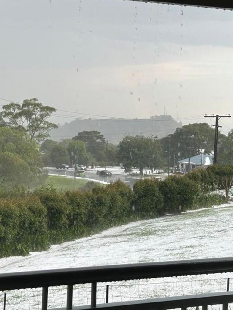 Hail has completely covered the ground at Maleny, on the Sunshine Coast this afternoon. Photo: Carina/Higgins Storm Chasing