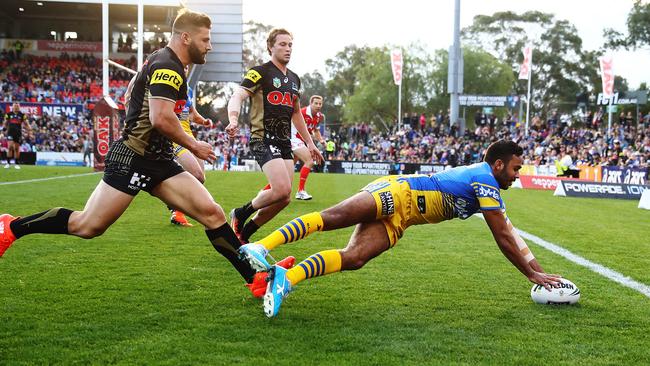 Bevan French scores a try for the Eels. Picture: Brett Costello