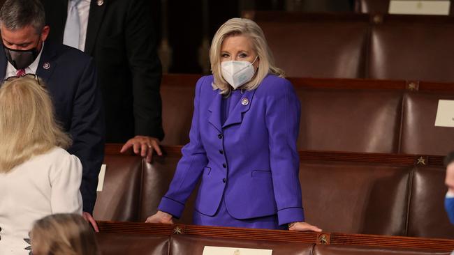 Liz Cheney waits for Joe Biden to deliver his first address to a joint session of congress last week. Picture: AFP