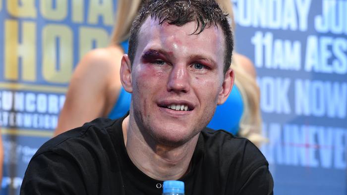 Australian boxer Jeff Horn looks on during a press conference  following his WBO World Welterweight Title win over Manny Pacquiao of the Phillipines at Suncorp Stadium in Brisbane, Sunday, July 2, 2017. (AAP Image/Dave Hunt) NO ARCHIVING, EDITORIAL USE ONLY