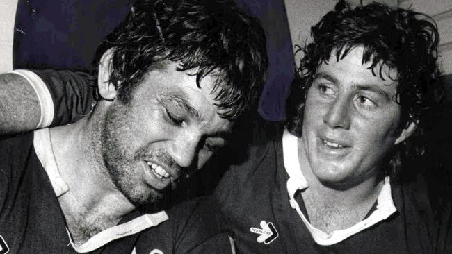 Arthur Beetson and Queensland teammate Chris Close in 1980. Picture: JIM FENWICK.