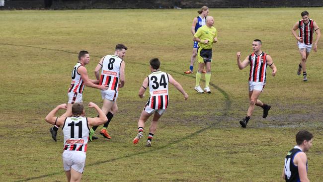 Alexandra players celebrate a goal on Saturday. Picture: Michelle Jack