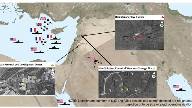 This image provided by the Department of Defense was presented at the Pentagon briefing on Saturday and shows areas targeted in Syria by the US-led coalition in response to Syria's use of chemical weapons.