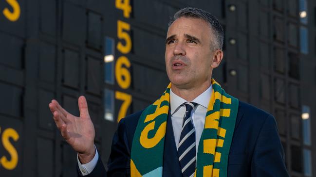 ADELAIDE, AUSTRALIA - NewsWire Photos March 5, 2024: The Hon Peter Malinauskas MP, Premier of South Australia, speaking at a press conference at Adelaide Oval involving Football Australia CEO James Johnson and CommBank Matilda Michelle Heyman to announce an upcoming match against China in May. Picture: NCA NewsWire / Naomi Jellicoe