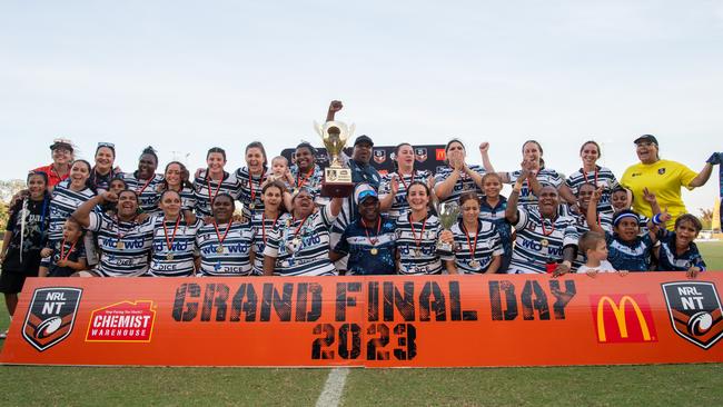 The Darwin Brothers women celebrate winning the 2023 NRL NT premiership against the Palmerston Raiders. Picture: Pema Tamang Pakhrin