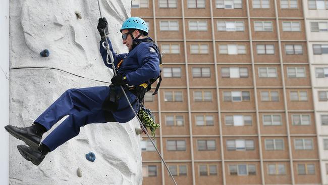 Rope climbing training at the Melbourne Fire Brigade tower in Richmond, Melbourne.