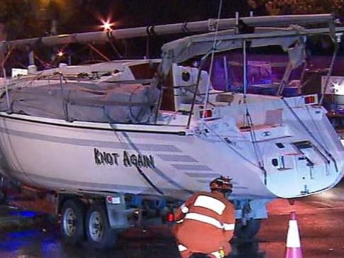 Police are investigating after a SUV towing a yacht crashed into a building at Kurralta Park last night. Picture: 7NEWS