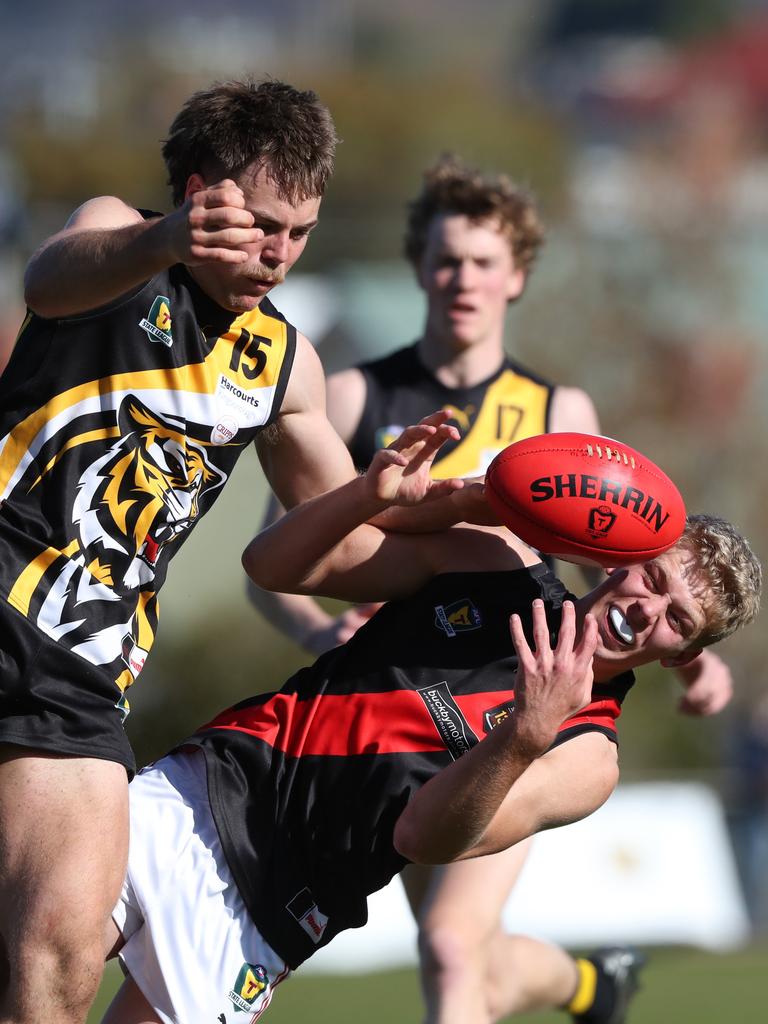 George O'Neill Tigers and Mitchell Nicholas North Launceston. TSL grand final Kingborough Tigers V North Launceston. Picture: Nikki Davis-Jones