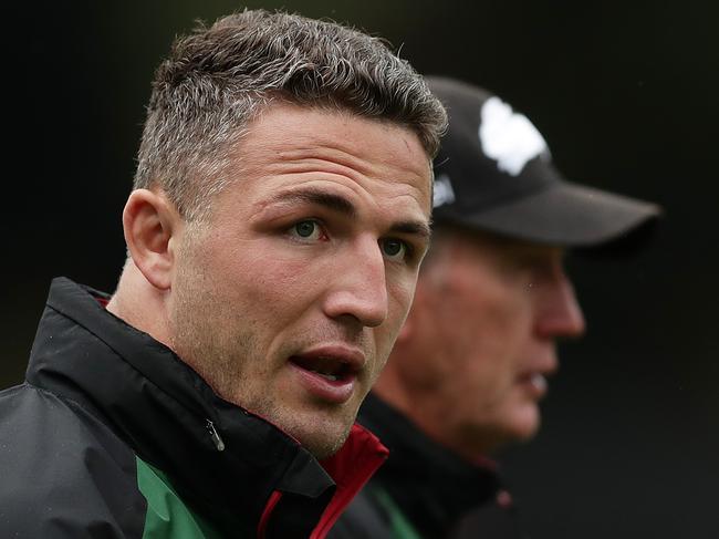 SYDNEY, AUSTRALIA - MARCH 09: Rabbitohs head coach Wayne Bennett and Sam Burgess talk during a South Sydney Rabbitohs NRL training session at Redfern Oval on March 09, 2020 in Sydney, Australia. (Photo by Mark Metcalfe/Getty Images)