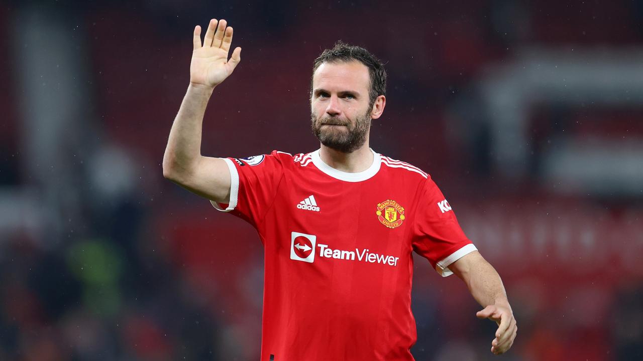 MANCHESTER, ENGLAND - MAY 02: Juan Mata of Manchester United interacts with the crowd after the final whistle of the Premier League match between Manchester United and Brentford at Old Trafford on May 02, 2022 in Manchester, England. (Photo by Catherine Ivill/Getty Images)