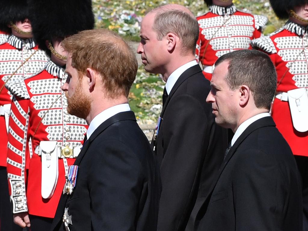 Prince William, Prince Harry and Peter Phillips walk behind Prince Philip, Duke of Edinburgh's coffin. Picture: Mark Large