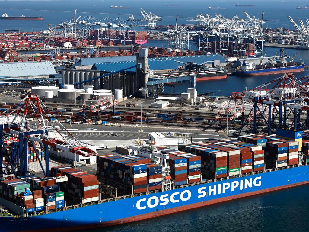 Cosco Shipping, China’s largest shipping line, is loaded with containers in Long Beach, California. Picture: Getty Images via AFP