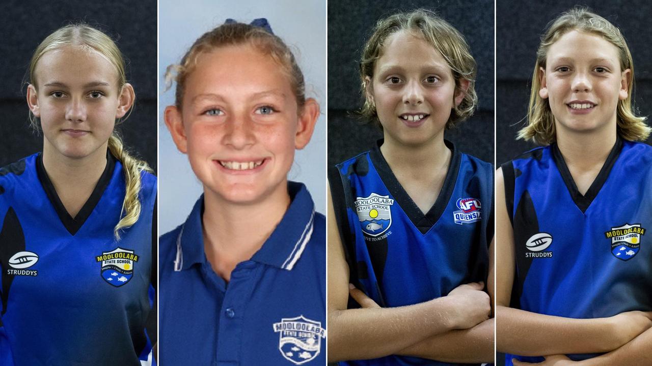 Mooloolaba State School 2022 AFLQ Schools Cup primary girls captains, Sophie Jenkins and Isabella Dunton and primary boys captains Eddie Thomas and Cayden Noke.