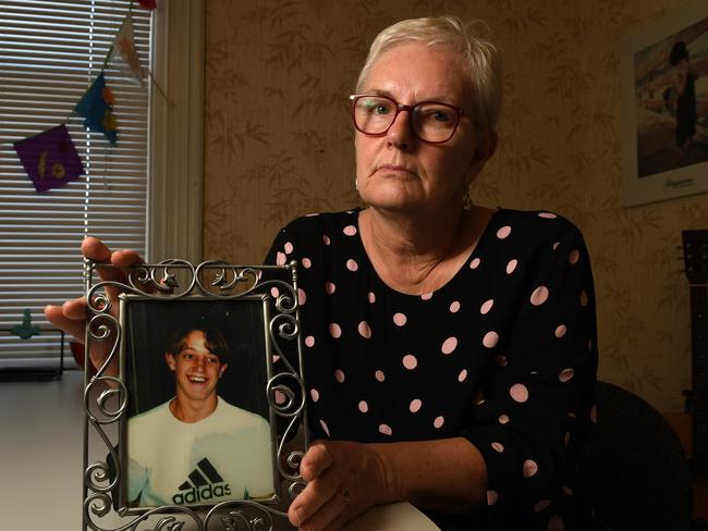 SUNDAY MAIL MENTAL HEALTH - LETS TALK (SUICIDE). Jill Chapman with a photo of her son Michael (on his 15th birthday) who took his own life  at 16yrs old. She is pictured at MOSH House, on the 2nd December, 2020. Picture: Tricia Watkinson