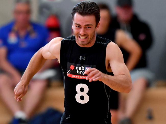 Luke Partington undertakes a sprint test during the 2019 NAB AFL State Draft Combines at Prince Alfred College in Adelaide, Saturday, October 12, 2019. (AAP Image/Sam Wundke) NO ARCHIVING