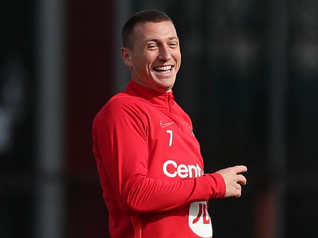 SYDNEY, AUSTRALIA - JULY 14: Mitchell Duke of the Wanderers smiles during a Western Sydney Wanderers training session at the Wanderers Centre of Football on July 14, 2020 in Sydney, Australia. (Photo by Mark Metcalfe/Getty Images)