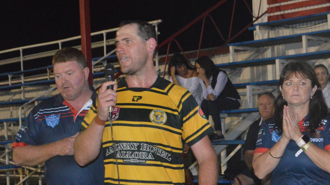 Wattles Warriors player coach Travis Burns thanks supporters at the 2021 Barrett Shield.