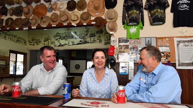 Former Queensland Minister for Agricultural, Mark Furner, former Queensland Premier Annastacia Palaszczuk (centre) and former Longreach Regional Council Mayor, Ed Warren (right) at the Wellshot Hotel in Ilfracombe. Picture: Darren England