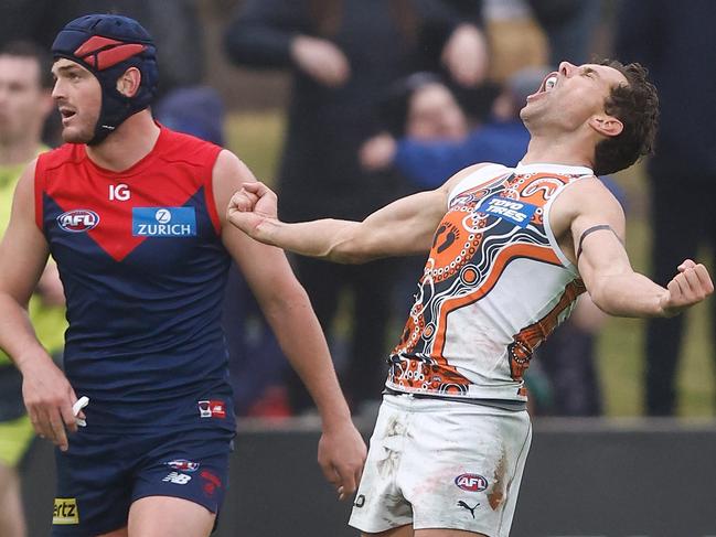 Kelly celebrates his match-winning goal against Melbourne in Alice Springs. Picture: Michael Willson/AFL Photos via Getty Images