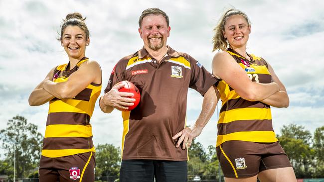 Former Aspley Hornets QAFLW coach John Taylor with Courtney Daniel and Angela Lingard. Picture: Richard Walker