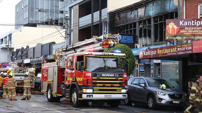 Fire crews outside Bayside Health and Fitness on Hawthorn Rd in Caulfield. Picture: Brendan Beckett