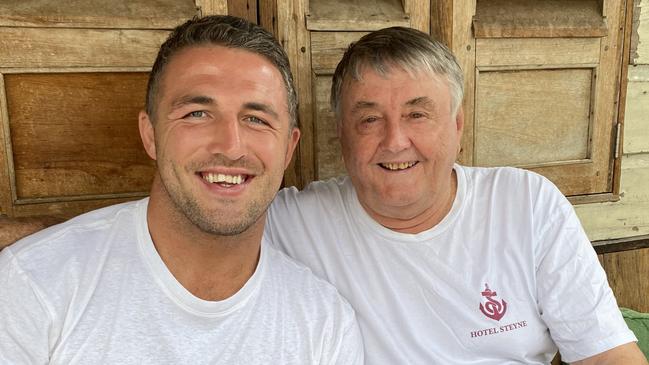 Sam Burgess and hotelier Arthur Laundy were all smiles in Byron Bay.