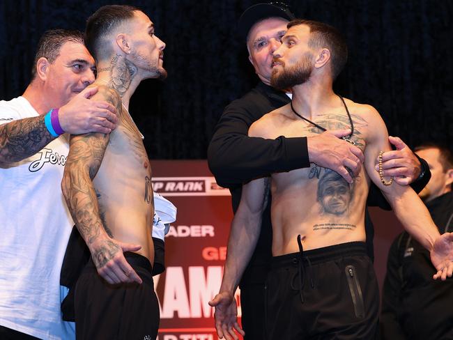 Kambosos and Lomachenko mouth off at the weigh-ins. Picture: Mikey Williams/Top Rank