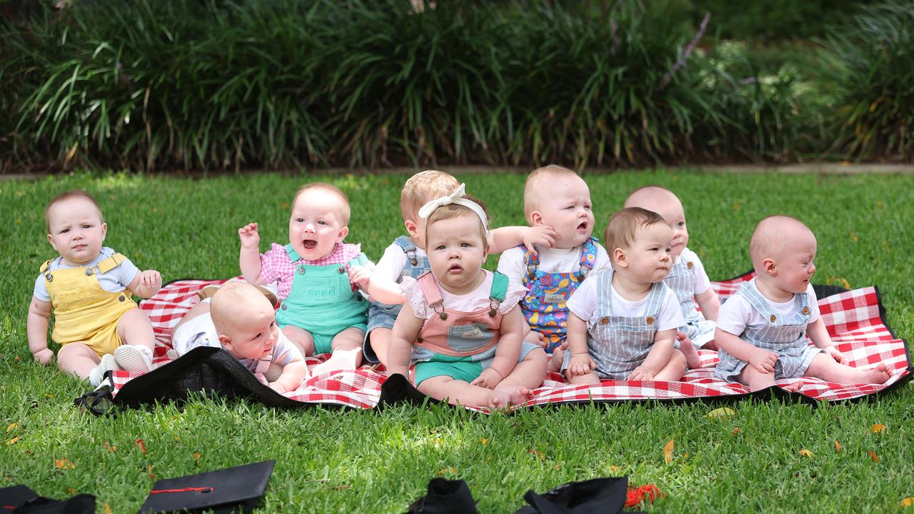 Triplets Aubrey, Stirling and Sophia Lyell; August, Edie and Owen Goya; and Ari, Eloise and Rocky Jones at Mater South Brisbane. Picture: Annette Dew