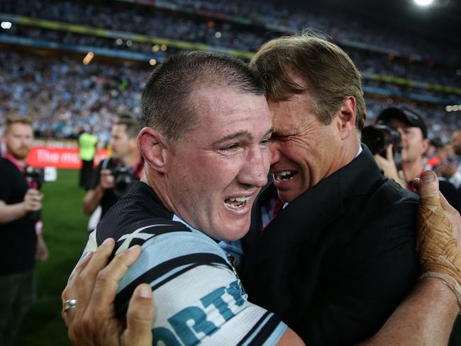 Paul Gallen and Andrew Ettinghausen celebrate the 2016 NRL Grand Final. Picture: Brett Costello