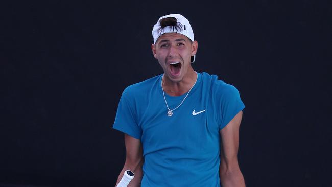 Alexei Popyrin, celebrating his first round win on Tuesday, faces a tricky test against South African Lloyd Harris on Thursday. Picture: Michael Klein