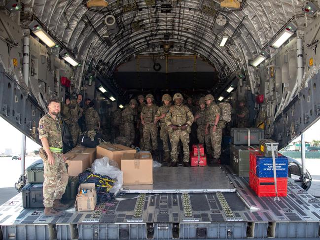 British Army disembark from an RAF Voyager aircraft after landing in Kabul to assist in evacuating British nationals and entitled persons as part of Operation PITTING. Picture: AFP