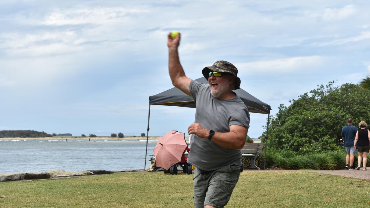 Kaitlyn Mann, Andrew Gregory and Neil McManus playing cricket in Maroochydore for Boxing Day. Picture: Sam Turner