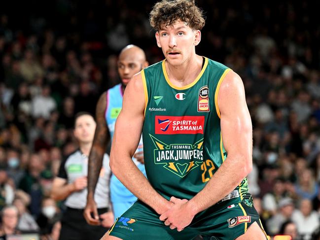 LAUNCESTON, AUSTRALIA - NOVEMBER 18: Will Magnay of the Jackjumpers reacts to a refs call during the round 7 NBL match between Tasmania Jackjumpers and New Zealand Breakers at Silverdome, on November 18, 2022, in Launceston, Australia. (Photo by Steve Bell/Getty Images)