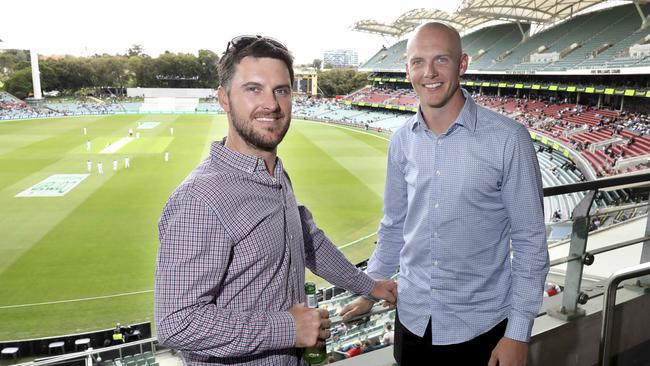 FEELING RIGHT AT HOME: Lewis Hatchett (right) with Stingrays teammate Matthew Sugg at Adelaide Oval for the Australia versus Pakistan Test match. Picture: Dean Martin