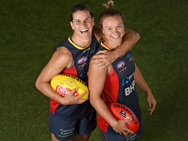 Chelsea Randall and Courtney Cramey pictured at the Adelaide Football Club’s West Lakes headquarters before a Crows training session. PHOTO: Naomi Jellicoe