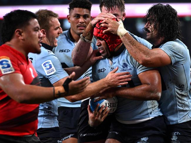 Waratahs' Langi Gleeson celebrates a try. Picture: AFP