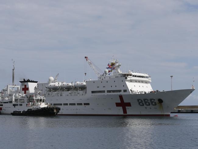 Chinese navy hospital ship "The Peace Ark" arrives at the port in la Guaira, Venezuela, Saturday, Sept. 22, 2018. The stop by the People's Liberation Army Navy's ship is the latest in an 11-nation "Mission Harmony" tour and will provide free medical treatment for Venezuelans. (AP Photo/Ariana Cubillos)