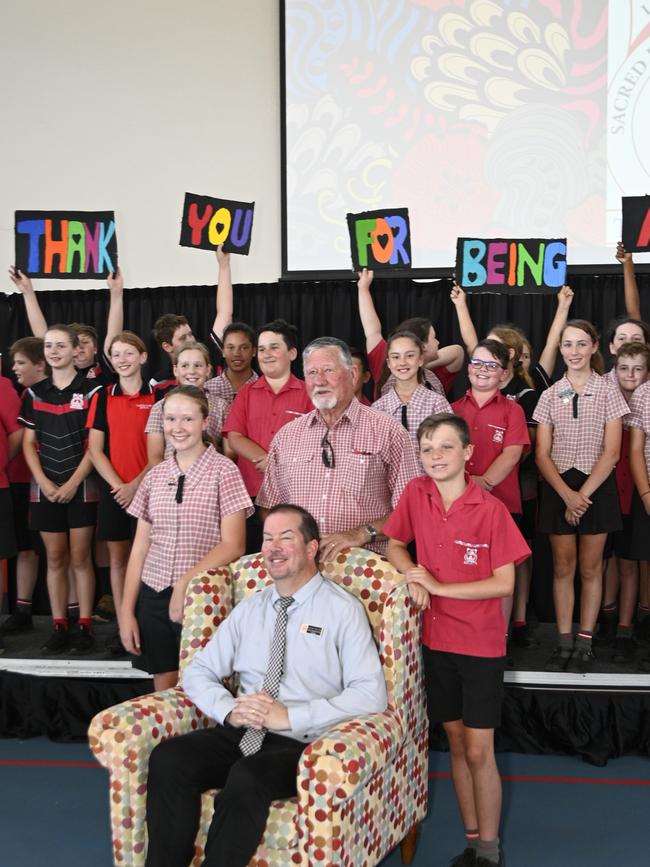 Sacred Heart Primary School principal of ten years, Chris Rosentreter (seated), finishes up this week to take up a role at as principal of a high school. Standing with Mr Rosentreter, Lacey Prior (senior leader), Mr Ron Rosentreter (father of the principal) and William Anderson (school captain).