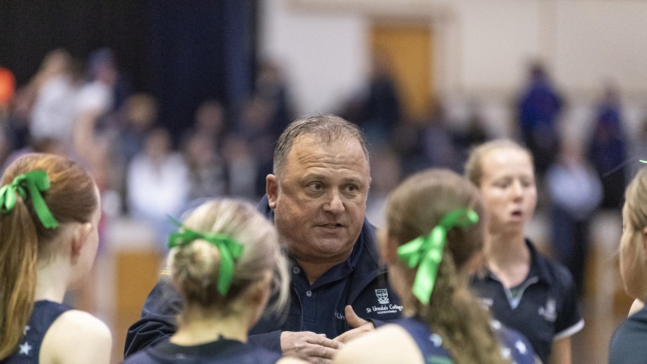 St Ursula's College head of netball Julian Cattonar talks with the Senior B team before they take on Downlands Second VII in Merici-Chevalier Cup netball at Salo Centre, Friday, July 19, 2024. Picture: Kevin Farmer