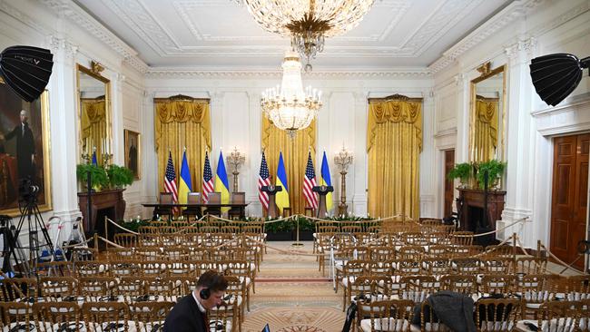 The stage was set for US President Donald Trump and Ukraine's President Volodymyr Zelensky to hold a scheduled press conference in the East Room of the White House before he and Trump clashed.