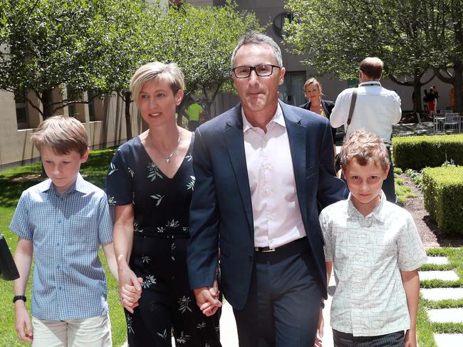 Senator Richard Di Natale with his partner Lucy and sons, Luca and Ben, after announcing he will leave parliament. Picture: Gary Ramage