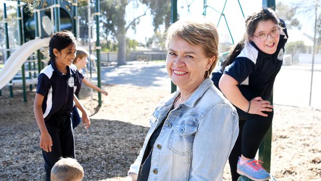 Flinders Park Primary students Zachary Foxx, Keerthana Rajkumar, Andrew Turland and Joanna Kouros in the playground with their principal Judy Anderson yesterday. Picture: Tracey Nearmy