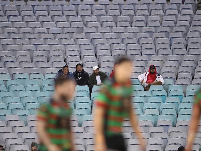 A sparce crowd watches on during the round 15 NRL match between the South Sydney Rabbitohs and the Gold Coast Titans at ANZ Stadium.