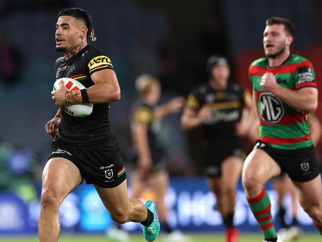 SYDNEY, AUSTRALIA - MAY 02:  Taylan May of the Panthers makes a break to score a try during the round nine NRL match between South Sydney Rabbitohs and Penrith Panthers at Accor Stadium on May 02, 2024, in Sydney, Australia. (Photo by Cameron Spencer/Getty Images)