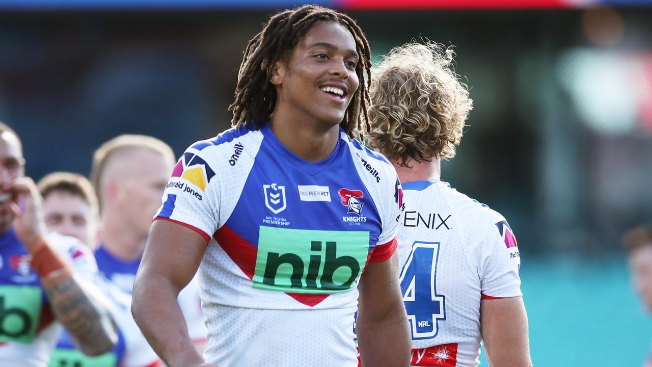 SYDNEY, AUSTRALIA – MARCH 12: Dominic Young of the Knights celebrates victory with teammates after the round one NRL match between the Sydney Roosters and the Newcastle Knights at Sydney Cricket Ground, on March 12, 2022, in Sydney, Australia. (Photo by Matt King/Getty Images)