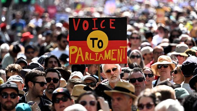 Thousands of people marched in a “Walk for Yes” rally held in Melbourne at the weekend. Picture: William Weat / AFP.