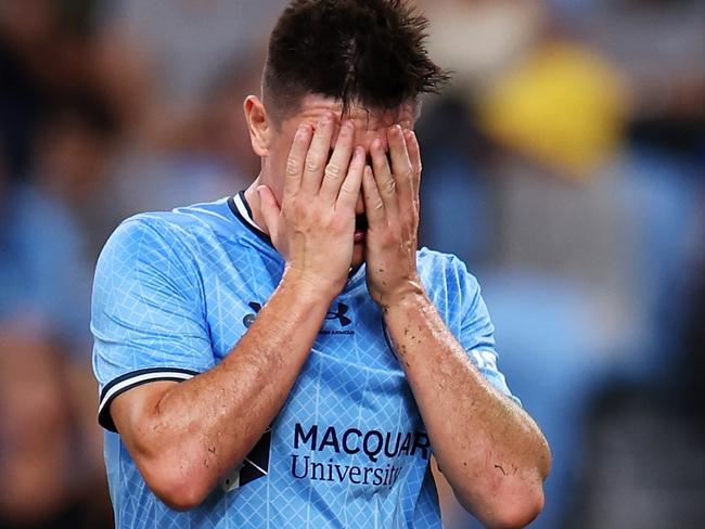 SYDNEY, AUSTRALIA - MARCH 30: Joseph Lolley of Sydney FC looks dejected after a missed chance during the A-League Men round 22 match between Sydney FC and Central Coast Mariners at Allianz Stadium, on March 30, 2024, in Sydney, Australia. (Photo by Mark Kolbe/Getty Images)