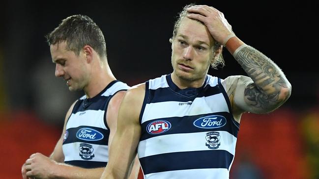 Mitch Duncan and Tom Stewart after Friday’s loss to the Tigers. Picture: Matt Roberts/AFL Photos